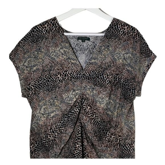 For Cynthia Linen Blend Brown Animal Print Blouse PL | V Neck Fall Top - Picture 2 of 9